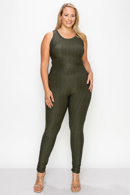 Tiktok Honeycomb Texture Ruched Booty Catsuit - LA7 ONLINE S/M / OLIVE GREEN