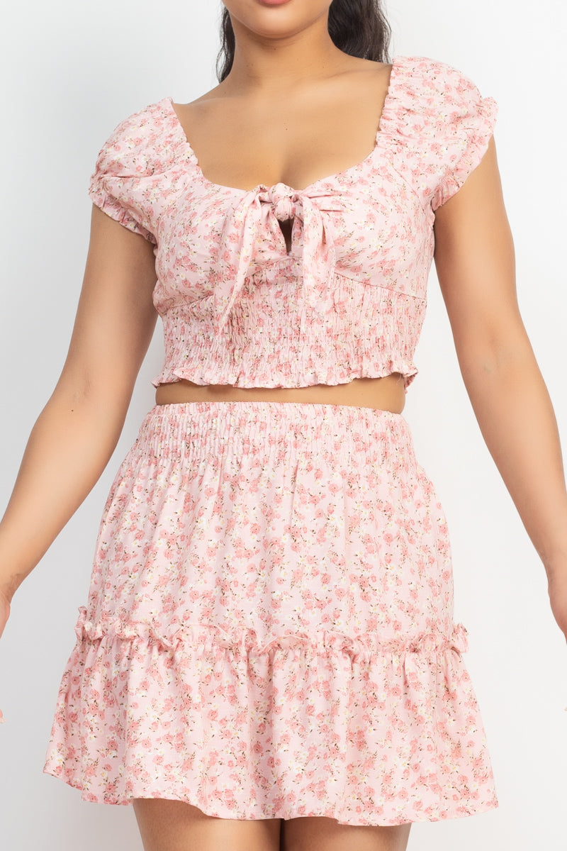 Square Floral Tie Ribbon Top & Ruffled Skirts Set - LA7 ONLINE Pink / S