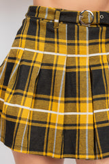 Belted Plaid Pleated Mini Skirt