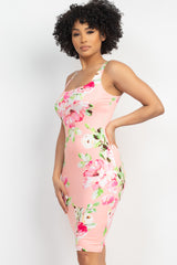 Square Floral Bodycon Sleeveless Dress - LA7 ONLINE Coral / S