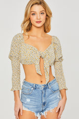 Woven Printed Front Tie Puff Sleeve Top - LA7 ONLINE Ivory / S