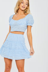 Woven Solid Puff Sleeve Top And Mini Skirt Set - LA7 ONLINE Blue / M