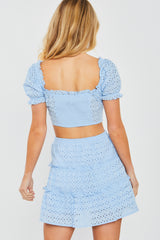 Woven Solid Puff Sleeve Top And Mini Skirt Set - LA7 ONLINE Blue / L