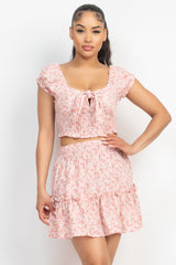 Square Floral Tie Ribbon Top & Ruffled Skirts Set - LA7 ONLINE Pink / M