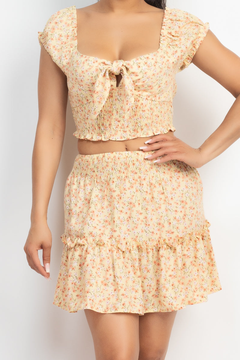 Square Floral Tie Ribbon Top & Ruffled Skirts Set - LA7 ONLINE Yellow / S