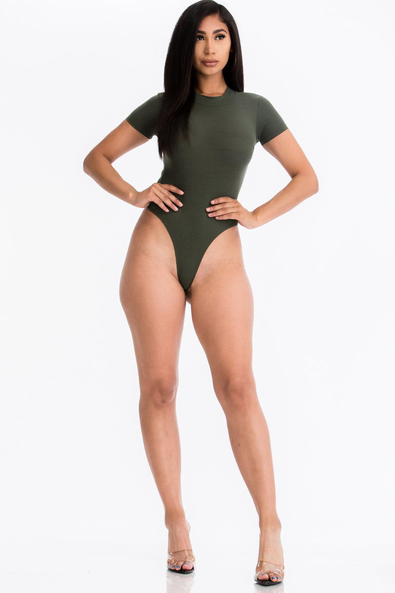 Luxe Feel Short Sleeve Mock Neck Rib-Knit Bodysuit - LA7 ONLINE Olive Green / S