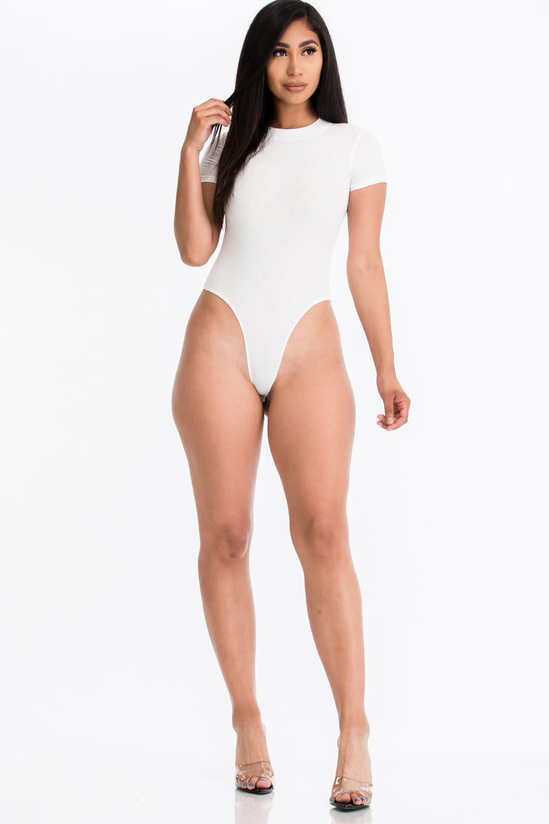 Luxe Feel Short Sleeve Mock Neck Rib-Knit Bodysuit - LA7 ONLINE White / S