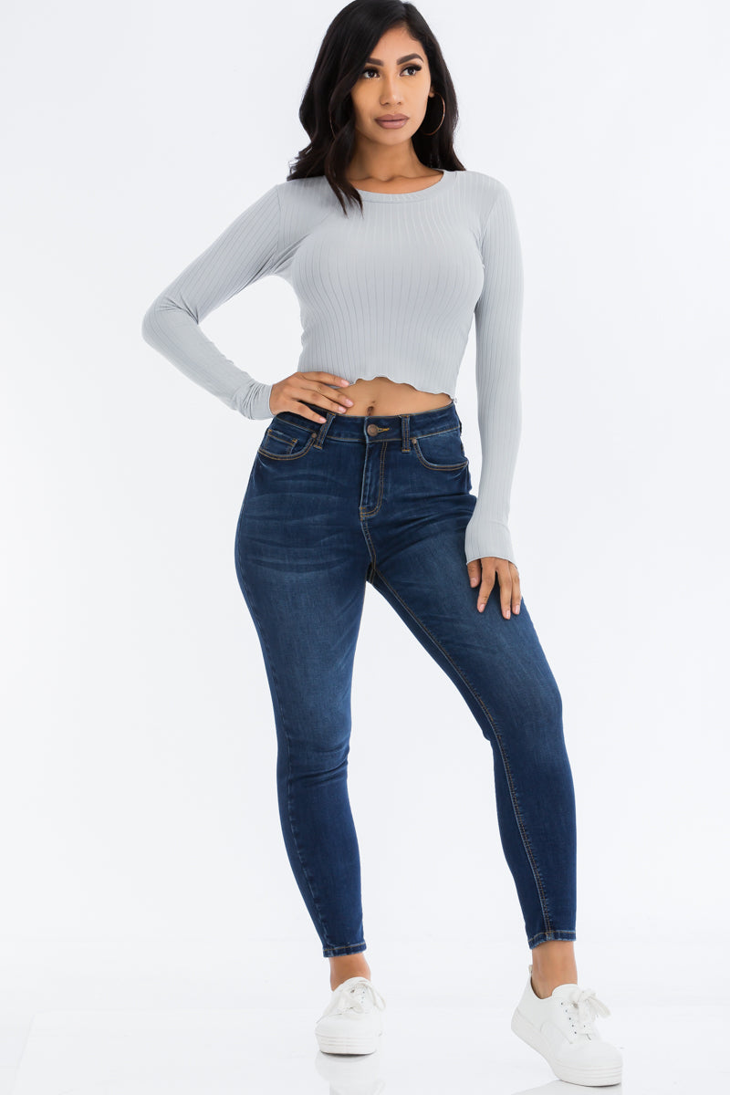 Blue Exposed Stitch Crop Top - Long Sleeve Mesh Crop Top - Lettuce