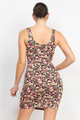 Split-Neck Sleeveless Floral Mini Dress - LA7 ONLINE Black/Pink / L