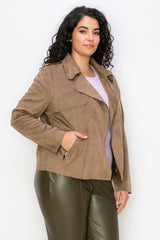 Faux Suede Notch Zip Pocketed Moto Jacket