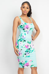 Square Floral Bodycon Sleeveless Dress - LA7 ONLINE Aqua / S