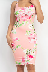 Square Floral Bodycon Sleeveless Dress - LA7 ONLINE Coral / M