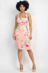 Square Floral Bodycon Sleeveless Dress - LA7 ONLINE Coral / L
