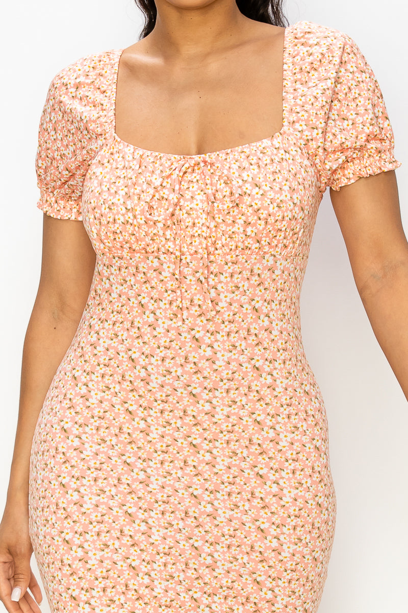 Floral Square Neck Mini Dress - LA7 ONLINE Peach / L