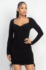 Side Ruched Long Sleeve Solid Dress
